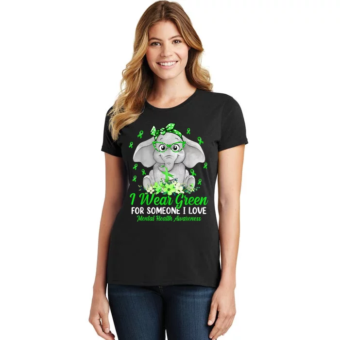 I Wear Green For Mental Health Awareness Ribbon Elephant Women's T-Shirt