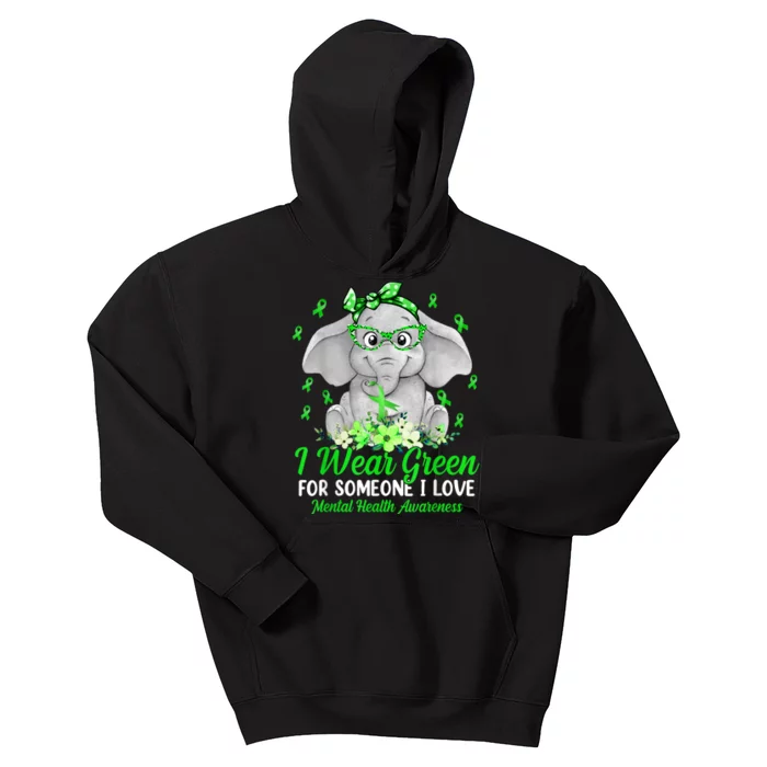 I Wear Green For Mental Health Awareness Ribbon Elephant Kids Hoodie