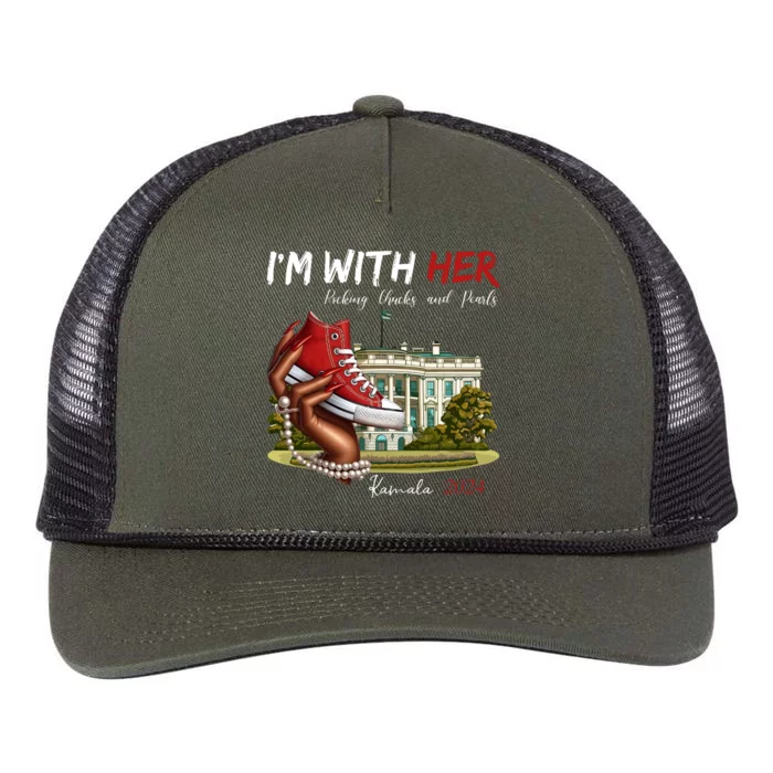 Im With Her Chucks And Pearls Kamala Harris White House 2024 Retro Rope Trucker Hat Cap