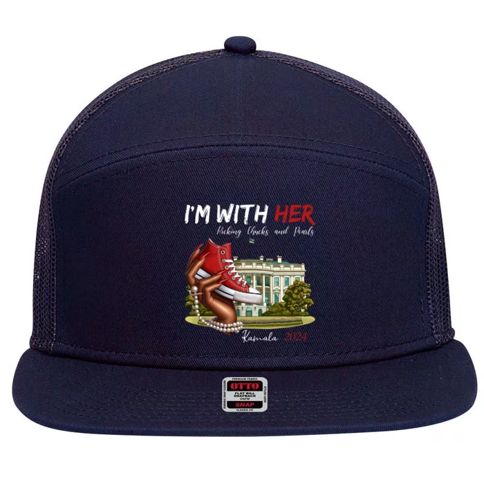 Im With Her Chucks And Pearls Kamala Harris White House 2024 7 Panel Mesh Trucker Snapback Hat