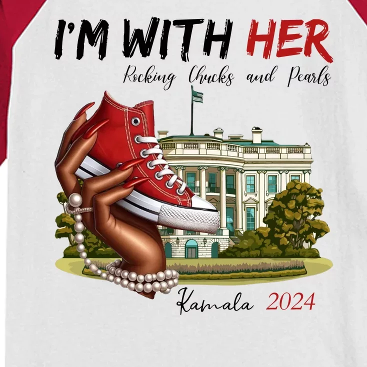 Im With Her Chucks And Pearls Kamala Harris White House 2024 Kids Colorblock Raglan Jersey