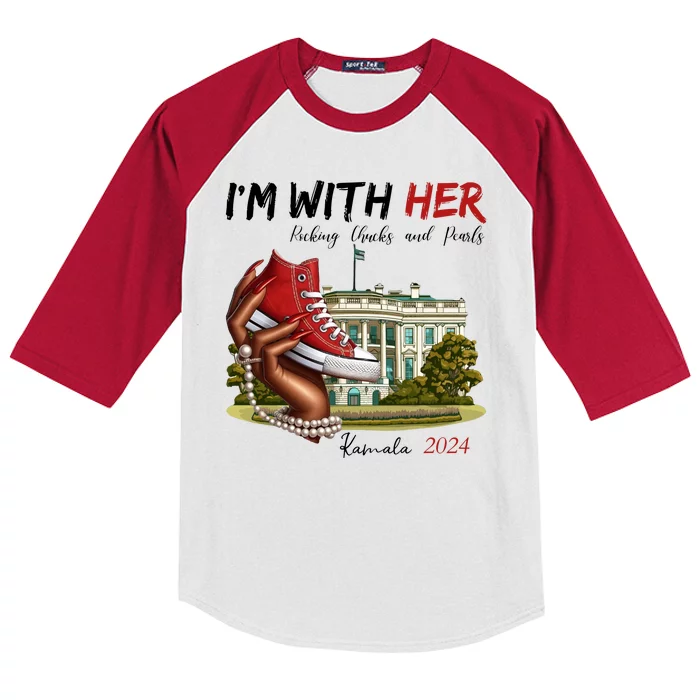 Im With Her Chucks And Pearls Kamala Harris White House 2024 Kids Colorblock Raglan Jersey