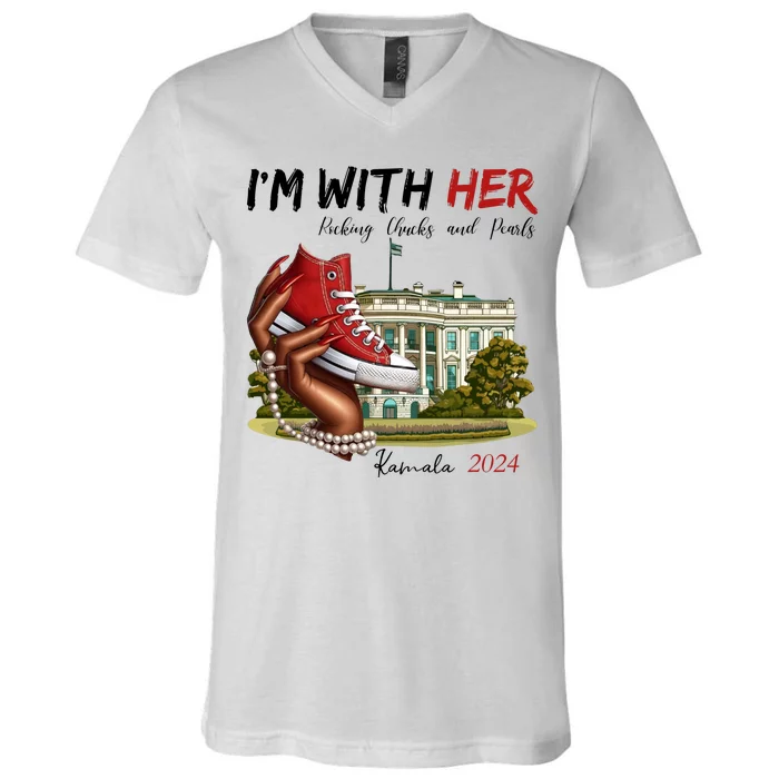 Im With Her Chucks And Pearls Kamala Harris White House 2024 V-Neck T-Shirt