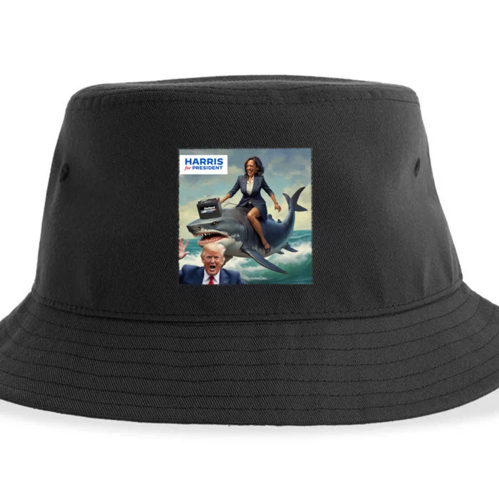 IM With Her Funny Kamala Riding A Shark 2024 President Beat Trump Sustainable Bucket Hat