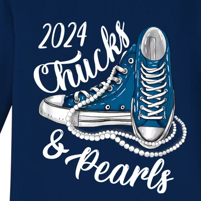 IM With Her Chucks And Pearls 2024 Kamala Election Sneakers Baby Long Sleeve Bodysuit