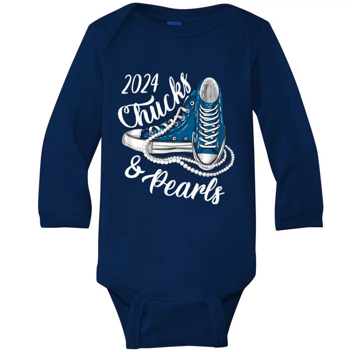 IM With Her Chucks And Pearls 2024 Kamala Election Sneakers Baby Long Sleeve Bodysuit