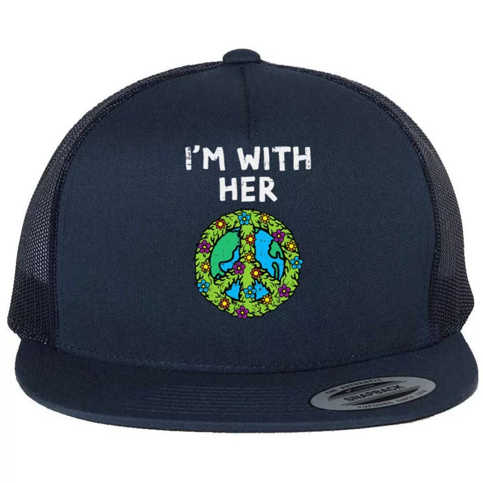 Im With Her Peace Symbol Sign Flowers Cool Earth Day Hippie Flat Bill Trucker Hat