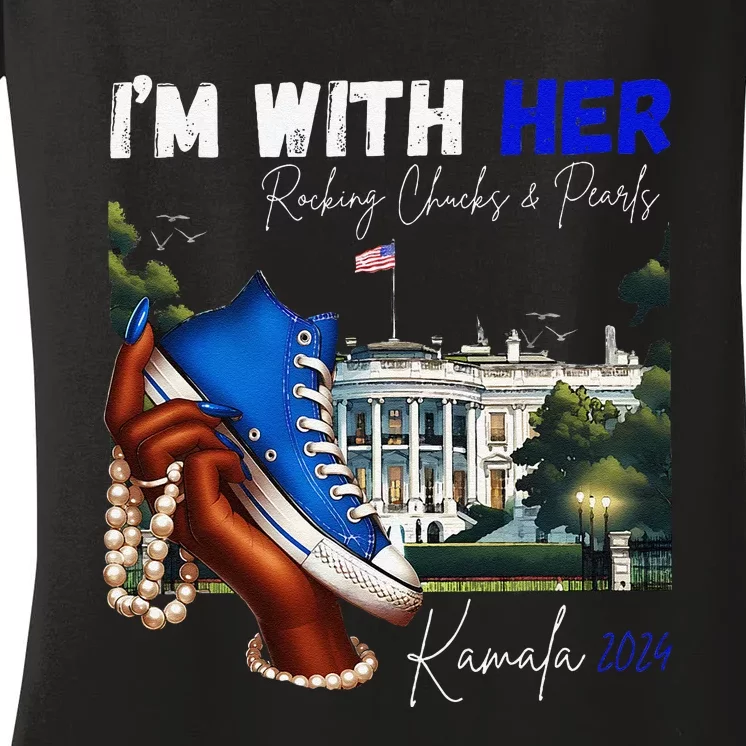 IM With Her Rocking Chucks & Pearls Kamala 2024 Gift Women's V-Neck T-Shirt