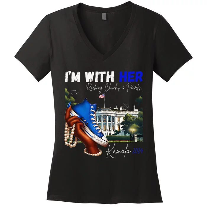 IM With Her Rocking Chucks & Pearls Kamala 2024 Gift Women's V-Neck T-Shirt