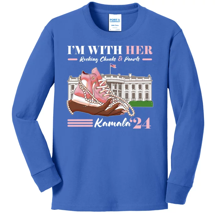 Im With Her Rocking Chucks And Pearls Kamala Harris 2024 Election Kids Long Sleeve Shirt