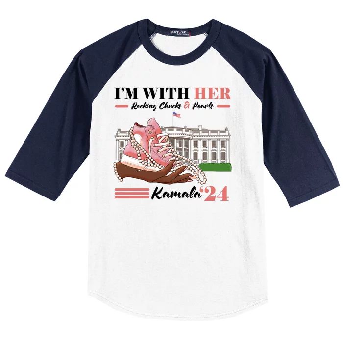 Im With Her Rocking Chucks And Pearls Kamala Harris 2024 Election Baseball Sleeve Shirt