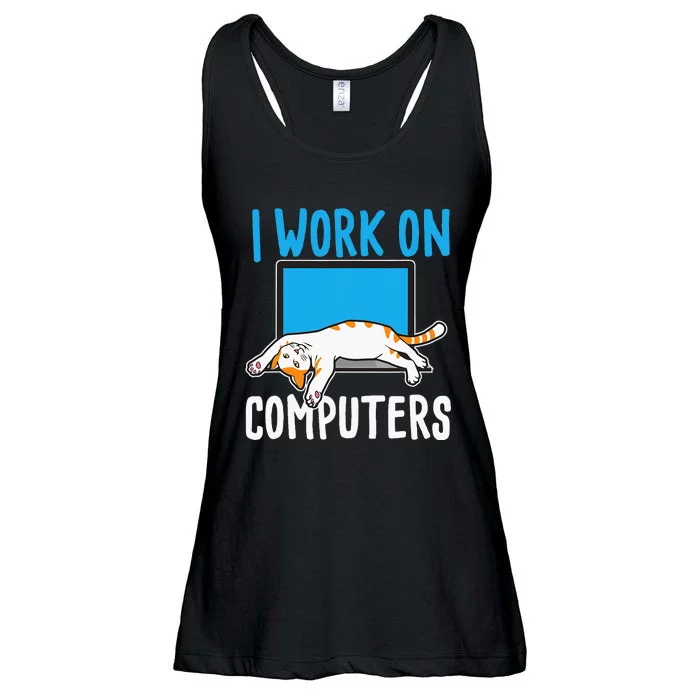 I Work On Computers Funny Cat Lover Kitten Kitty Ladies Essential Flowy Tank