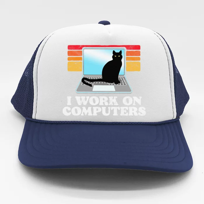 I Work On Computers Distracting Cat On Laptop Funny Retro Trucker Hat