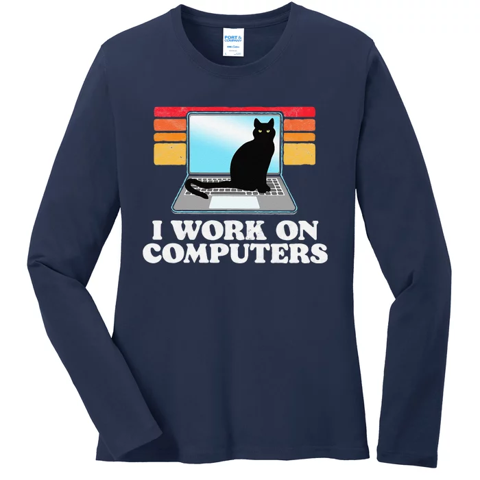 I Work On Computers Distracting Cat On Laptop Funny Retro Ladies Long Sleeve Shirt