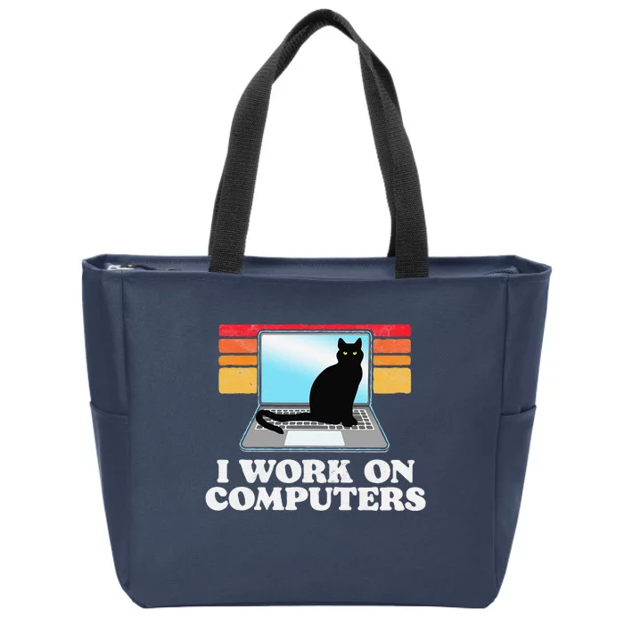 I Work On Computers Distracting Cat On Laptop Funny Retro Zip Tote Bag