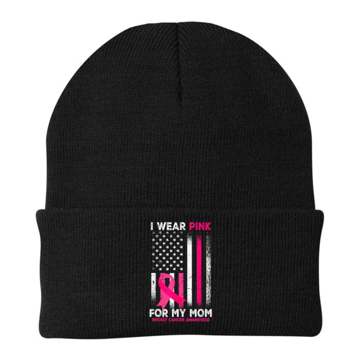 I Wear Pink For My Mom Breast Cancer Awareness American Flag Knit Cap Winter Beanie