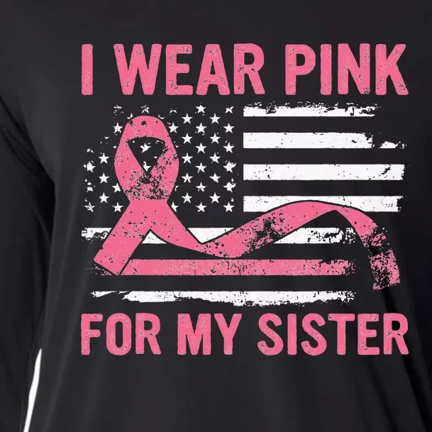 I Wear Pink For My Sister Breast Cancer Awareness USA Flag Cooling Performance Long Sleeve Crew