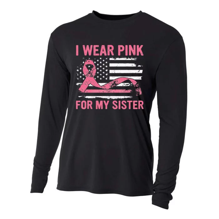 I Wear Pink For My Sister Breast Cancer Awareness USA Flag Cooling Performance Long Sleeve Crew