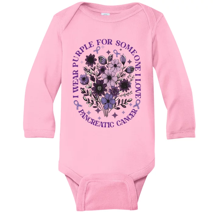 I Wear Purple For Pancreatic Cancer Wildflower Pancreatic Cancer Awarenes Baby Long Sleeve Bodysuit