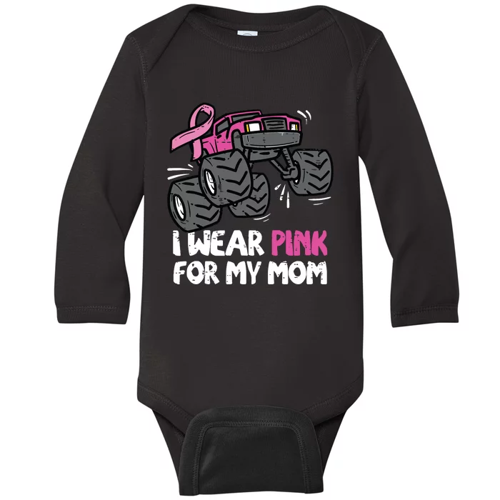 I Wear Pink For My Mom Monster Truck Breast Cancer Kids Boy Baby Long Sleeve Bodysuit