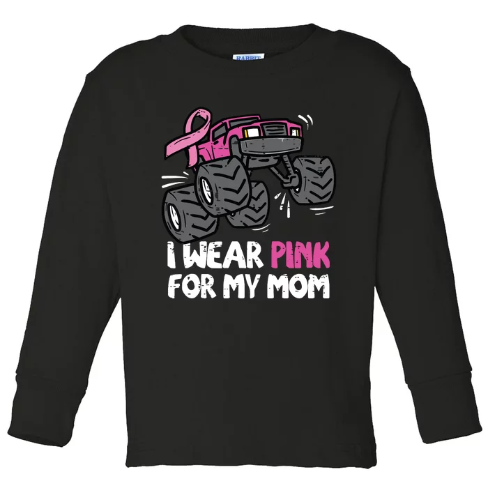 I Wear Pink For My Mom Monster Truck Breast Cancer Kids Boy Toddler Long Sleeve Shirt