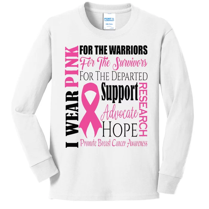 I Wear Pink For Warriors Breast Cancer Awareness Support Kids Long Sleeve Shirt