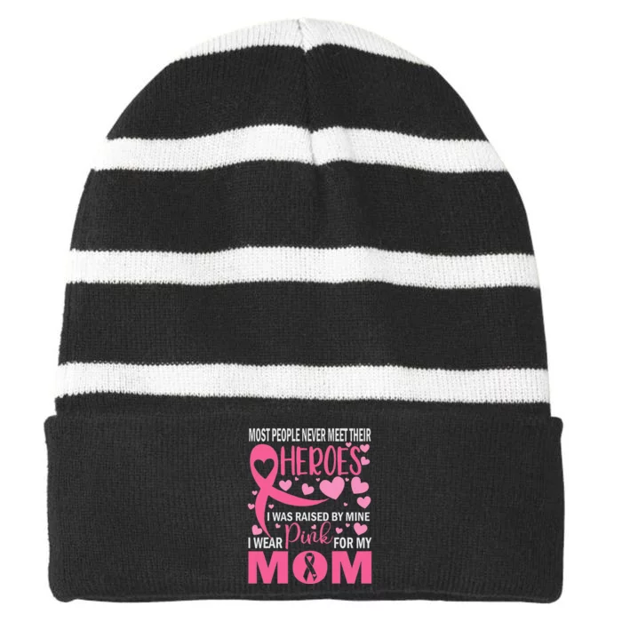 I Wear Pink For My Mom Breast Cancer Awareness Kids Support Striped Beanie with Solid Band