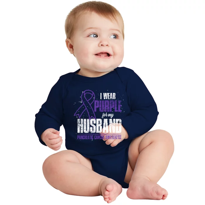 I Wear Purple For My Husband Pancreatic Cancer Awareness Gift Baby Long Sleeve Bodysuit