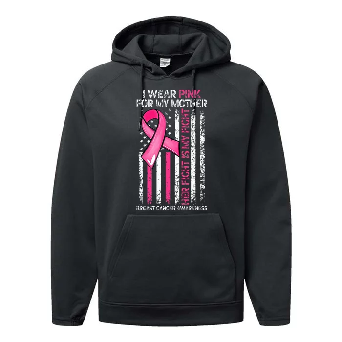 I Wear Pink For My Mother Breast Cancer Ribbon American Flag Performance Fleece Hoodie