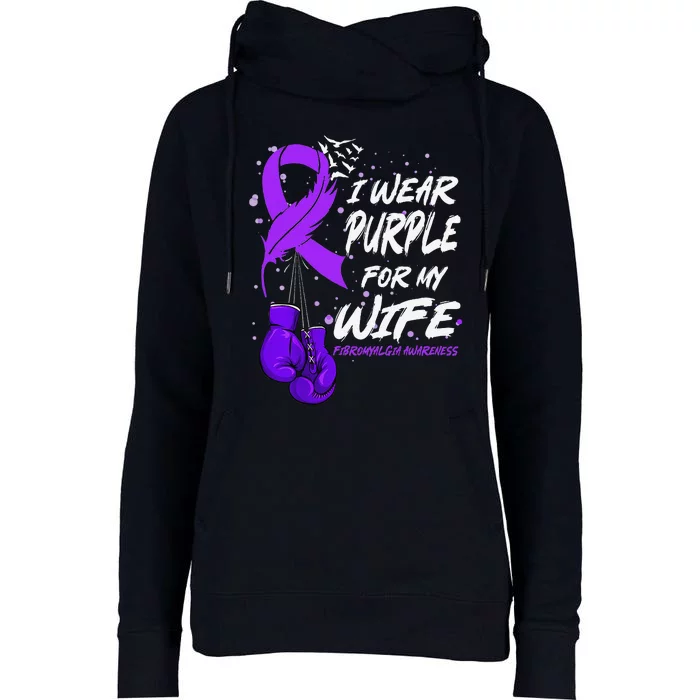 I Wear Purple For My Wife Fibromyalgia Awareness Ribbon Womens Funnel Neck Pullover Hood