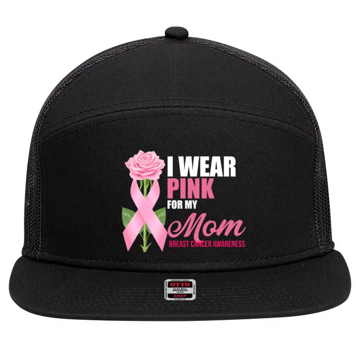 I Wear Pink For My Mom Breast Cancer Floral Ribbon 7 Panel Mesh Trucker Snapback Hat