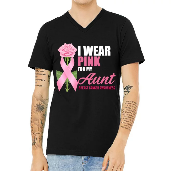 I Wear Pink For My Aunt Breast Cancer Floral Ribbon V-Neck T-Shirt