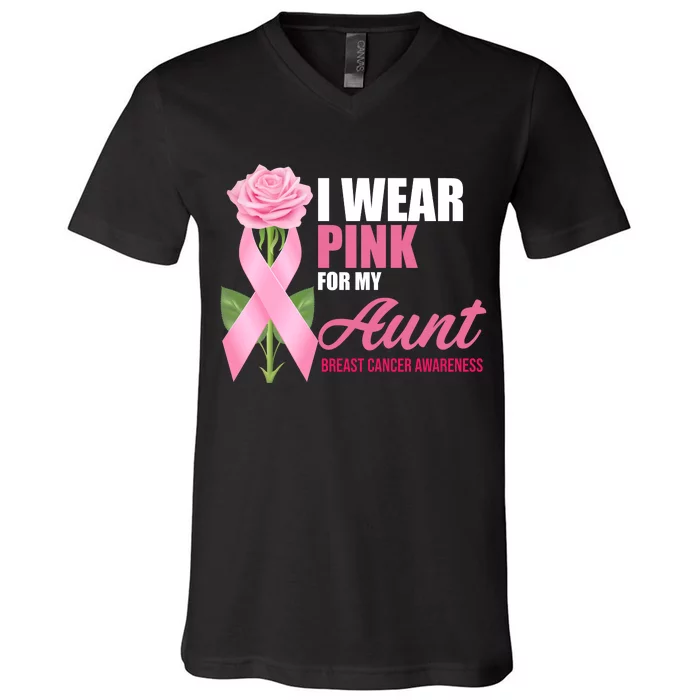 I Wear Pink For My Aunt Breast Cancer Floral Ribbon V-Neck T-Shirt