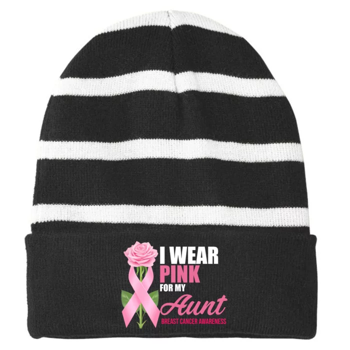 I Wear Pink For My Aunt Breast Cancer Floral Ribbon Striped Beanie with Solid Band