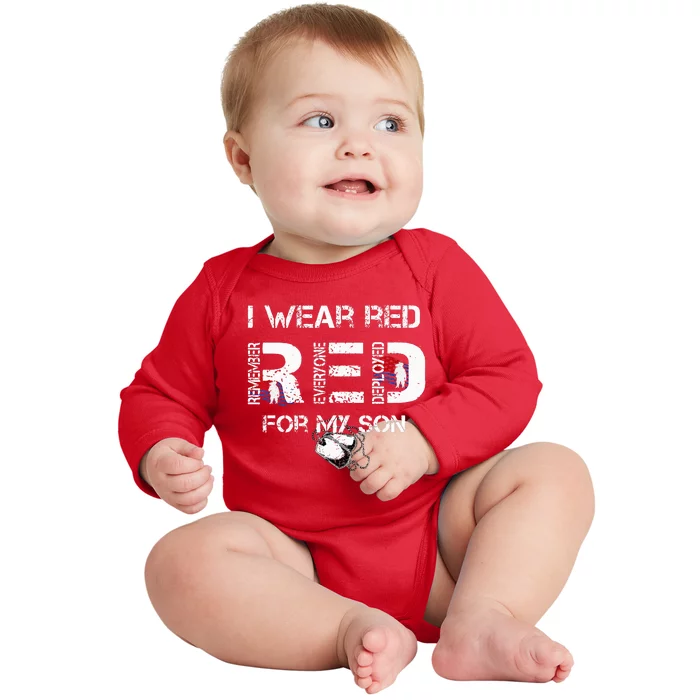 I Wear Red For My Son Remember Everyone Deployed RED Friday Baby Long Sleeve Bodysuit