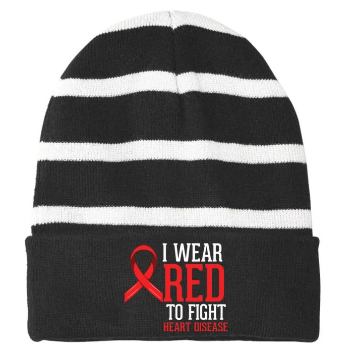 I Wear Red For Heart Disease Awareness Striped Beanie with Solid Band