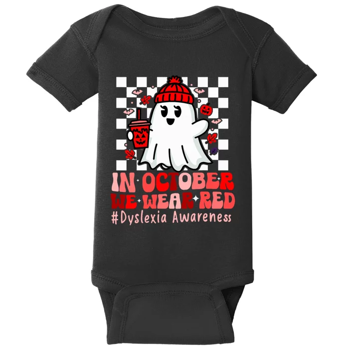 I Wear Red Dyslexia Awareness Month Ghost Halloween Baby Bodysuit