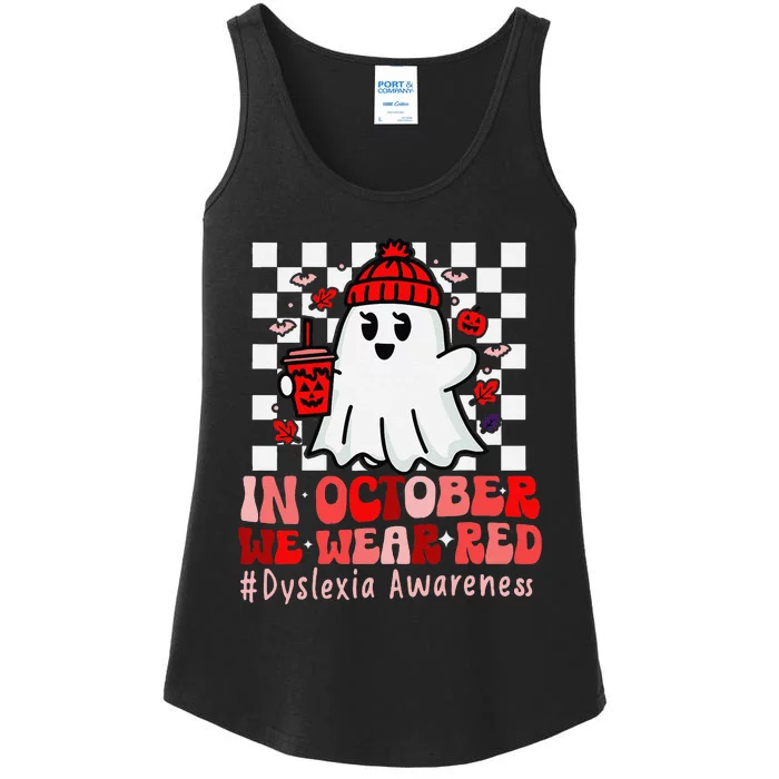 I Wear Red Dyslexia Awareness Month Ghost Halloween Ladies Essential Tank