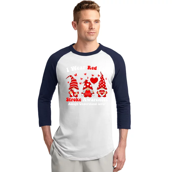 I Wear Red Gnomies For Stroke Awareness Month Gift Baseball Sleeve Shirt