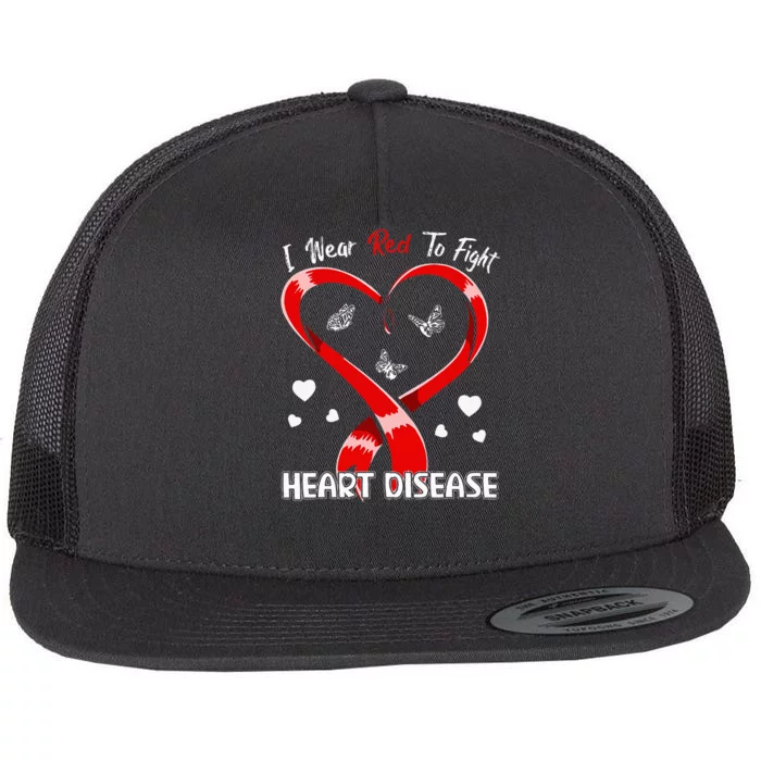 I Wear Red To Fight Heart Disease Awareness CHD Gifts Ribbon Flat Bill Trucker Hat