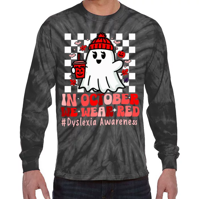 I Wear Red Dyslexia Awareness Month Ghost Halloween Tie-Dye Long Sleeve Shirt