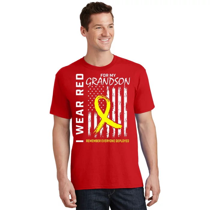 I Wear Red Grandson Yellow Ribbon Military Support USA Flag T-Shirt