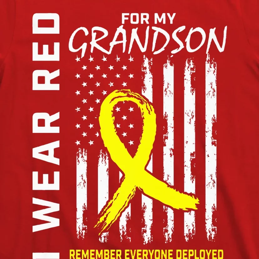 I Wear Red Grandson Yellow Ribbon Military Support USA Flag T-Shirt