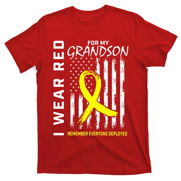 I Wear Red Grandson Yellow Ribbon Military Support USA Flag T-Shirt