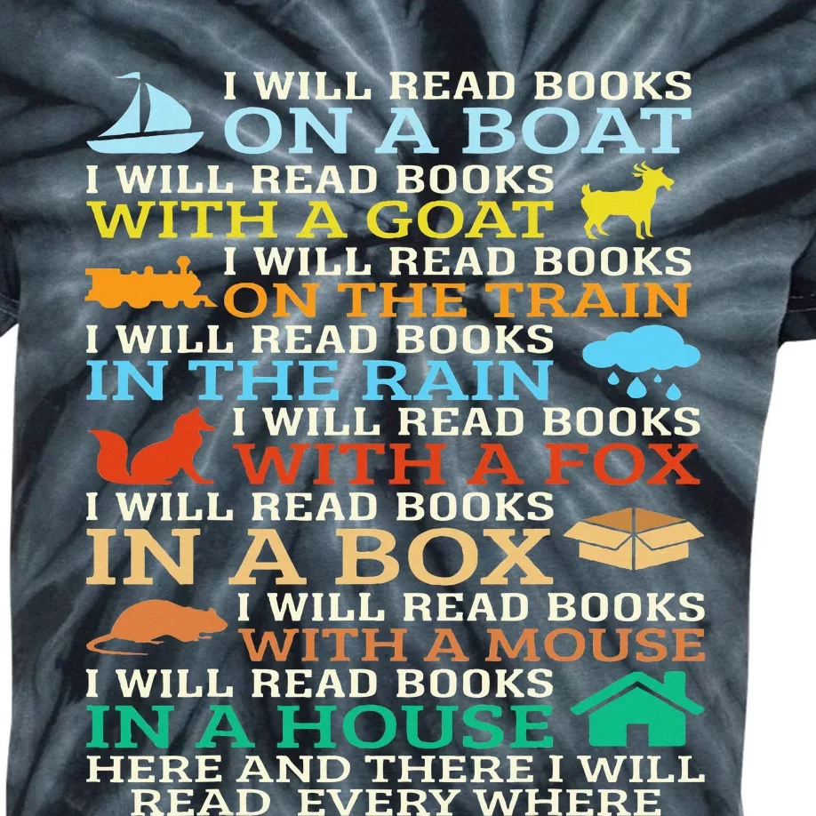 I Will Read Books On A Boat & Everywhere Reading Gifts Kids Tie-Dye T-Shirt