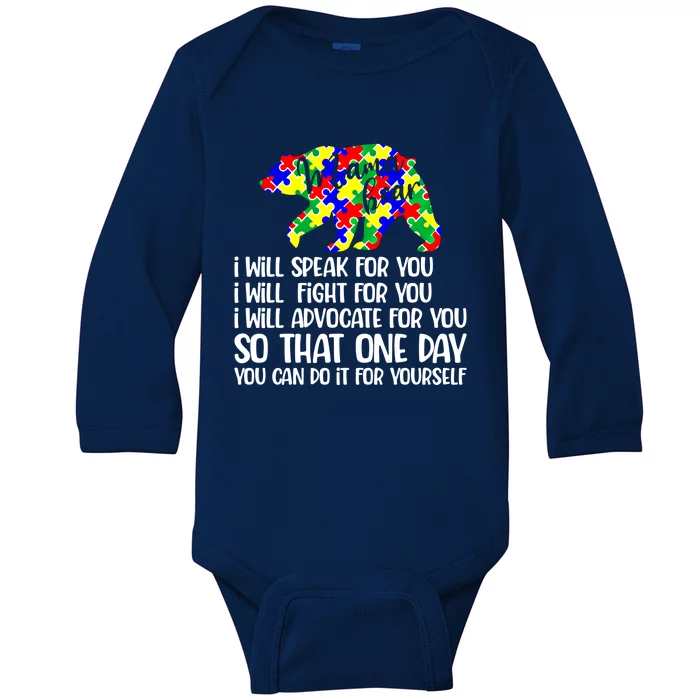 I Will Speak Fight Advocate For You Autism Mama Bear Gift Baby Long Sleeve Bodysuit