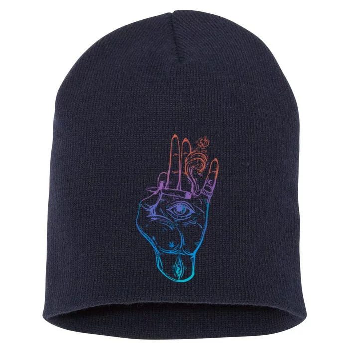 Illuminati Weed Smoking Spliff Hand Stoner 420 Short Acrylic Beanie