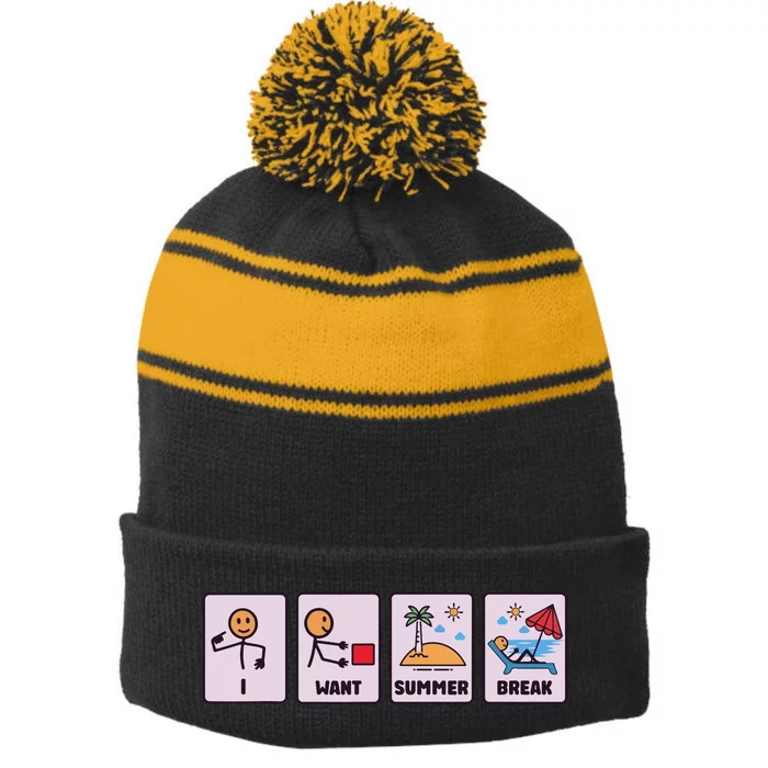 I Want Summer Break Stripe Pom Pom Beanie