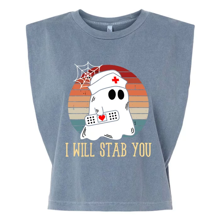 I Will Stab You Ghost Nurse Retro Funny Halloween For Nurses Gift Garment-Dyed Women's Muscle Tee