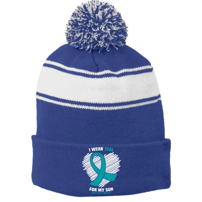 I Wear Teal For My Son Sexual Assault Awareness Gift Stripe Pom Pom Beanie